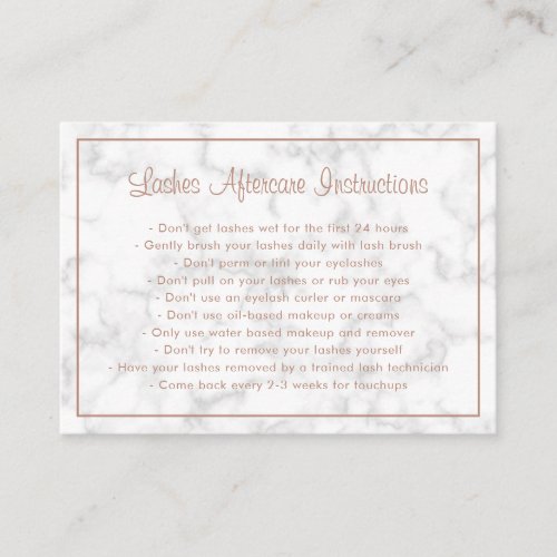 Modern Elegant Rose Gold Marble Aftercare Lashes Business Card