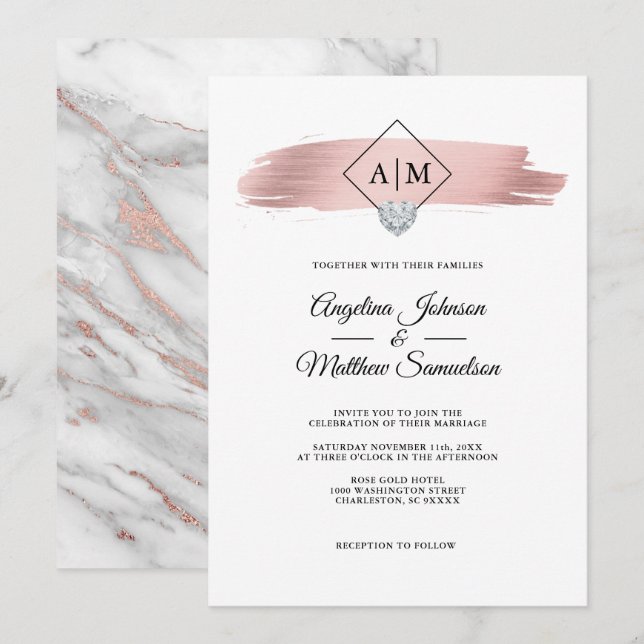 Modern Elegant Rose Gold Marble Heart Wedding Invitation (Front/Back)