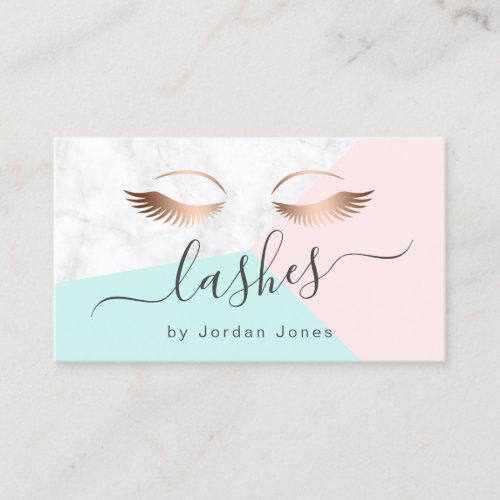 Modern elegant rose gold marble pink mint lashes business card