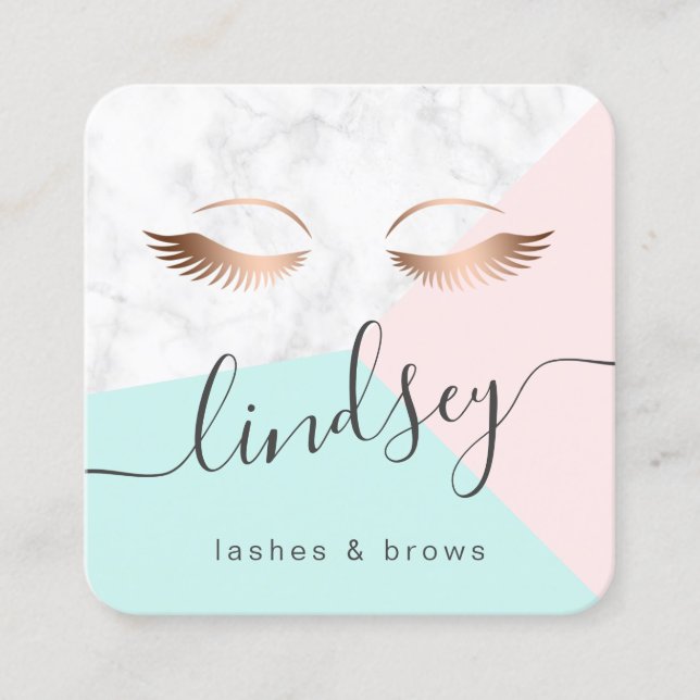 Modern elegant rose gold marble pink mint lashes square business card (Front)