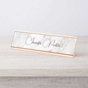 Modern Elegant Rose Gold Marble Typography Script Desk Name Plate