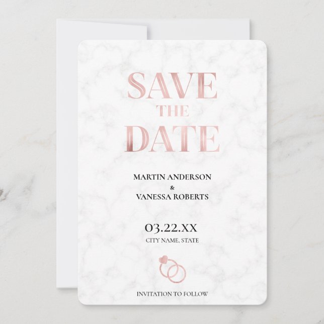 Modern Elegant Rose Gold Marble Wedding Rings Save The Date (Front)