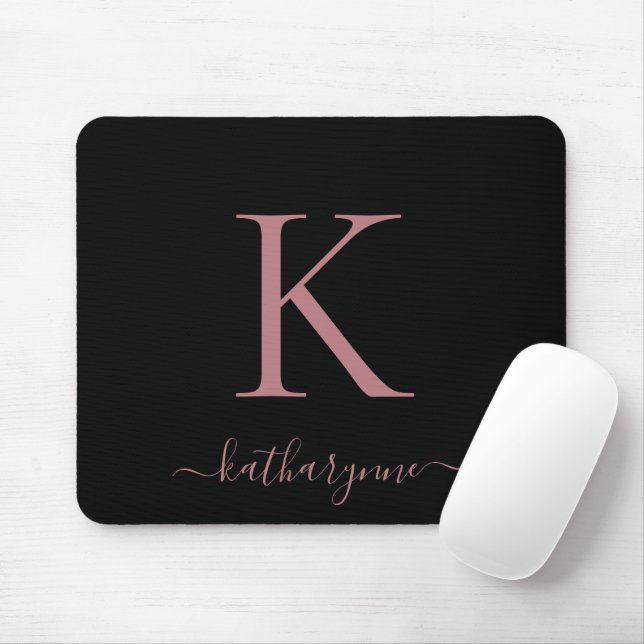 Modern Elegant Rose Gold Monogram Script Black Mouse Pad (With Mouse)