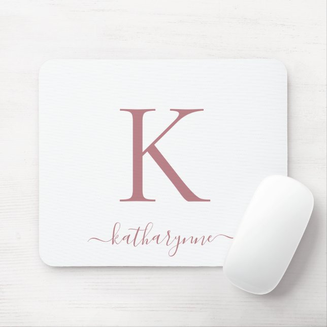 Modern Elegant Rose Gold Monogram Script White Mouse Pad (With Mouse)