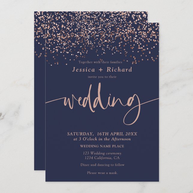 Modern elegant rose gold navy blue wedding script invitation (Front/Back)