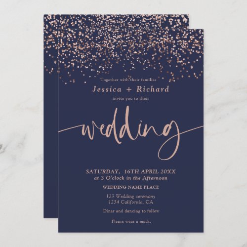 Modern elegant rose gold navy blue wedding script invitation