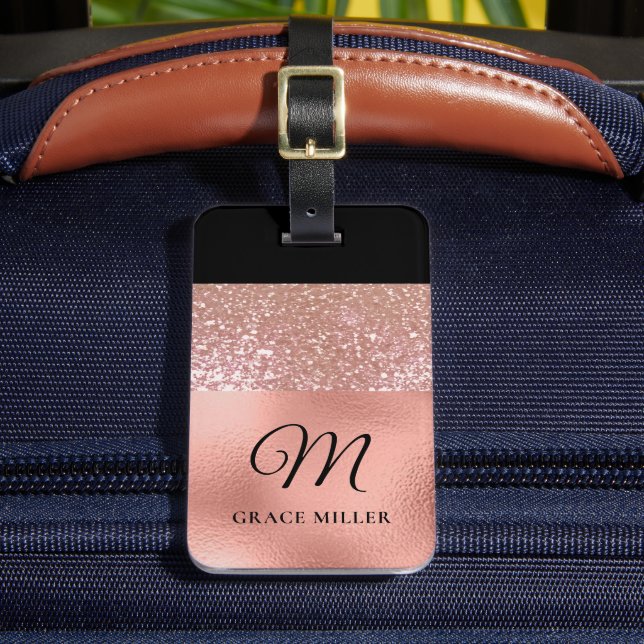 Modern Elegant Rose Gold Personalized Monogram Luggage Tag (Front Insitu 2)