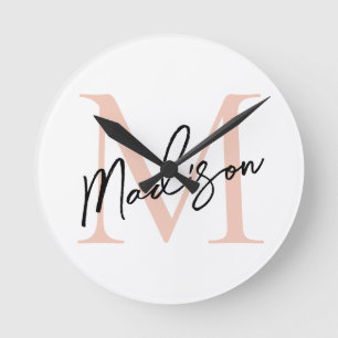 Modern Elegant Rose Gold Personalized Monogram Round Clock
