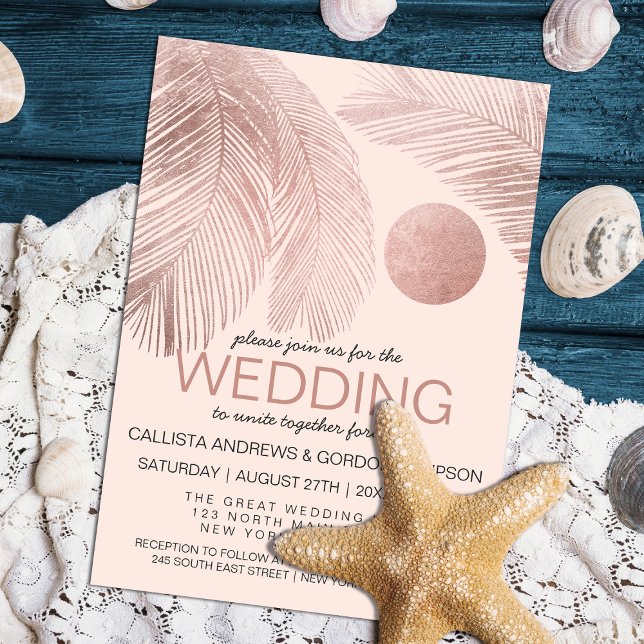Modern Elegant Rose Gold Pink Palm Tree Wedding Invitation (Creator Uploaded)