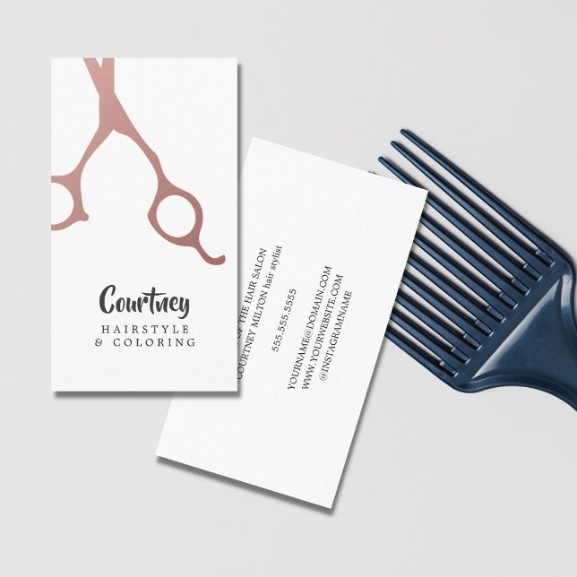 Modern Elegant Rose Gold Scissors Hair Stylist Business Card (Creator Uploaded)