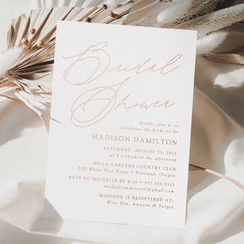 Modern Elegant Rose Gold Script Bridal Shower Foil Invitation