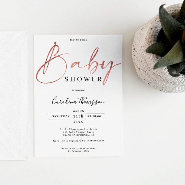 Modern elegant rose gold script font baby shower invitation (Creator Uploaded)