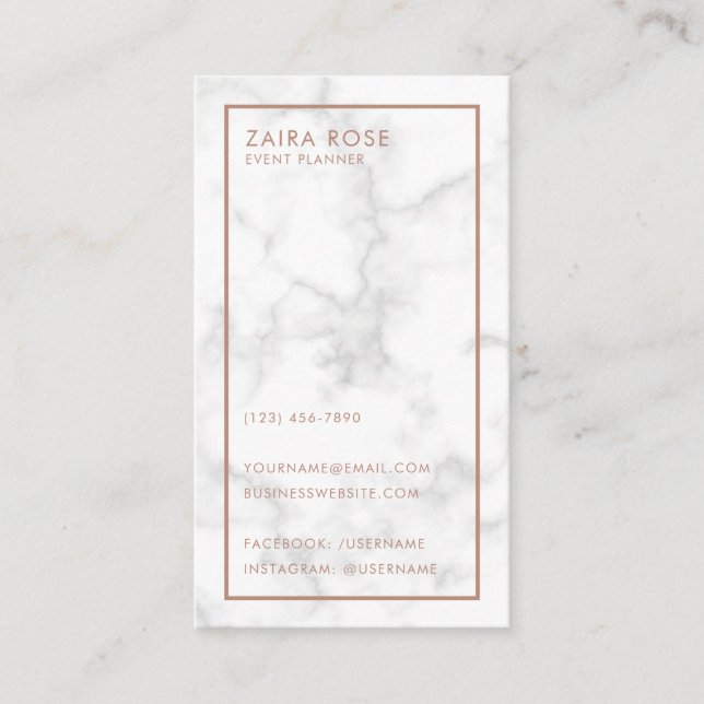 Modern Elegant Rose Gold Script Marble Business Card (Front)