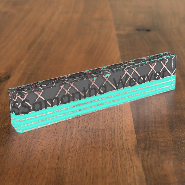 Modern Elegant Rose Gold Triangles and Teal Roses Name Plate (Side)