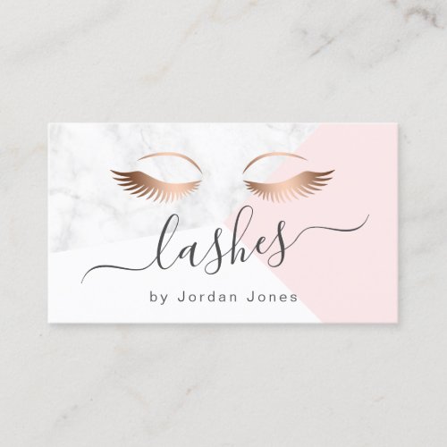 Modern elegant rose gold white marble pink lashes business card