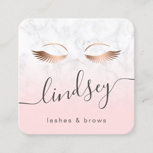 Modern elegant rose gold white marble pink lashes square business card