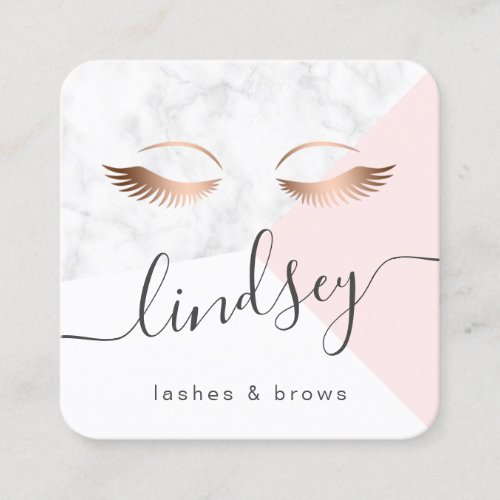 Modern elegant rose gold white marble pink lashes square business card
