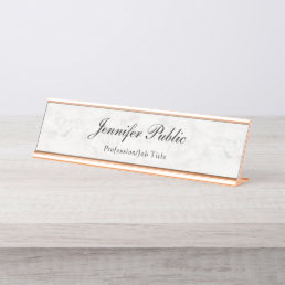 Modern Elegant Rose Gold White Marble Template Desk Name Plate