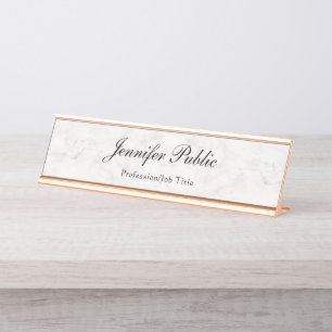 Modern Elegant Rose Gold White Marble Template Desk Name Plate