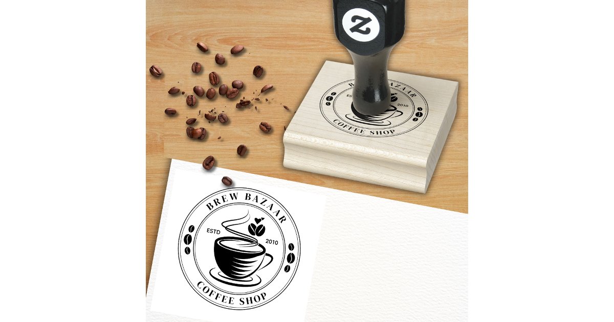 Modern elegant round coffee logo rubber stamp | Zazzle