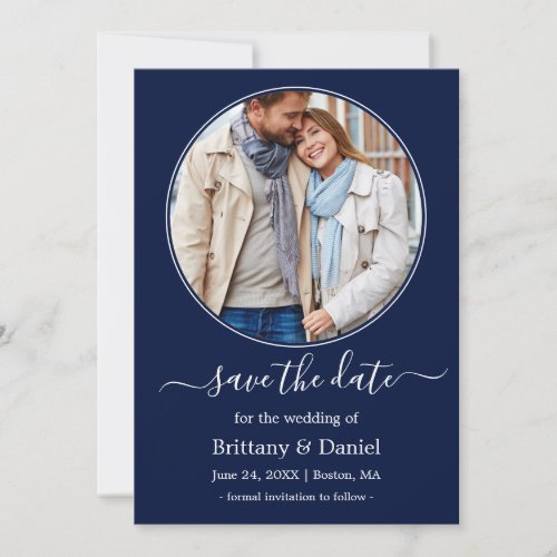 Modern Elegant Round Photo Frame Blue Save The Date