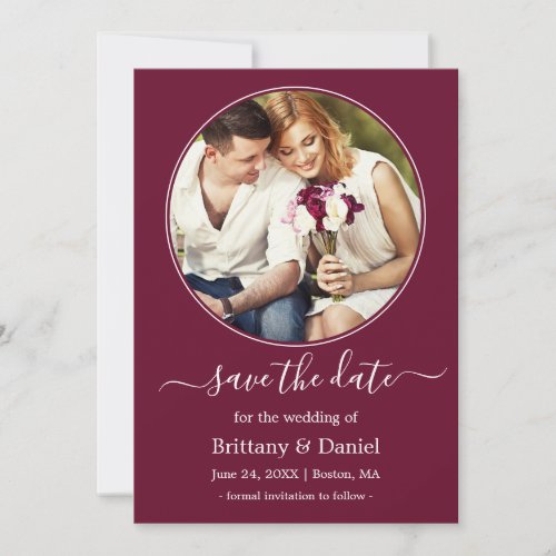 Modern Elegant Round Photo Frame Burgundy Save The Date