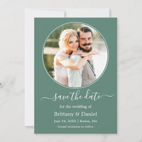 Modern Elegant Round Photo Frame Eucalyptus Green Save The Date