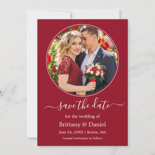 Modern Elegant Round Photo Frame Red Save The Date