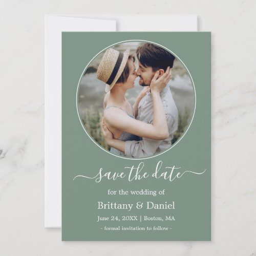 Modern Elegant Round Photo Frame Sage Green Save The Date