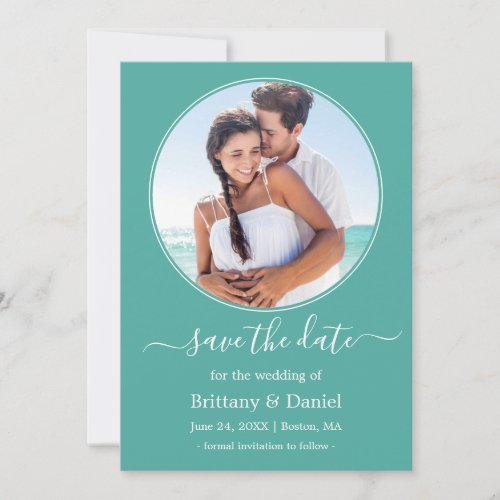 Modern Elegant Round Photo Frame Teal Save The Date