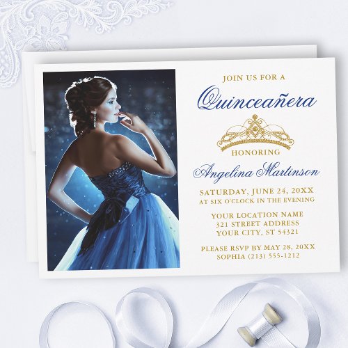 Modern Elegant Royal Blue Gold Crown Quinceanera Invitation