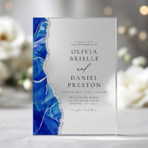 Modern Elegant Royal Blue Silver Agate Wedding  Acrylic Invitations