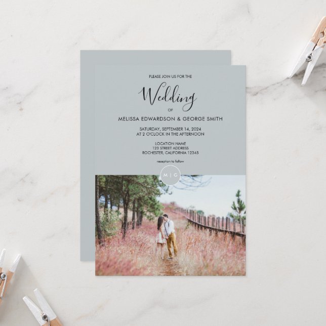 Modern elegant rustic monogram photo Wedding Invitation (Front/Back In Situ)