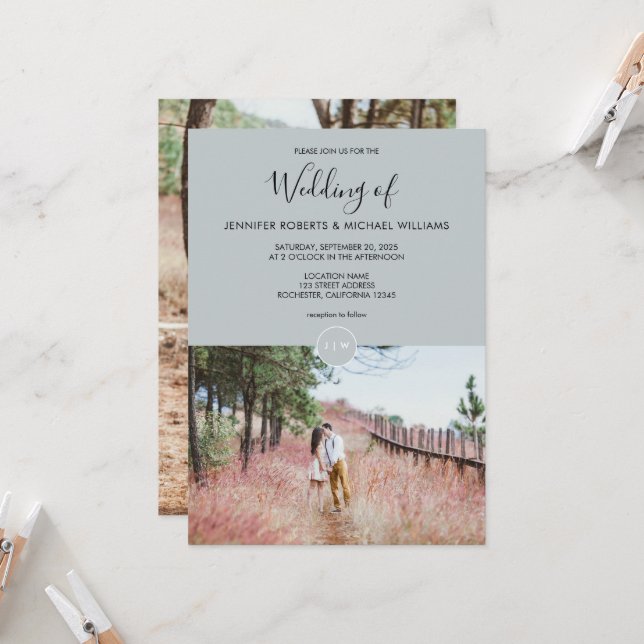 Modern elegant rustic monogram photo Wedding Invitation (Front/Back In Situ)