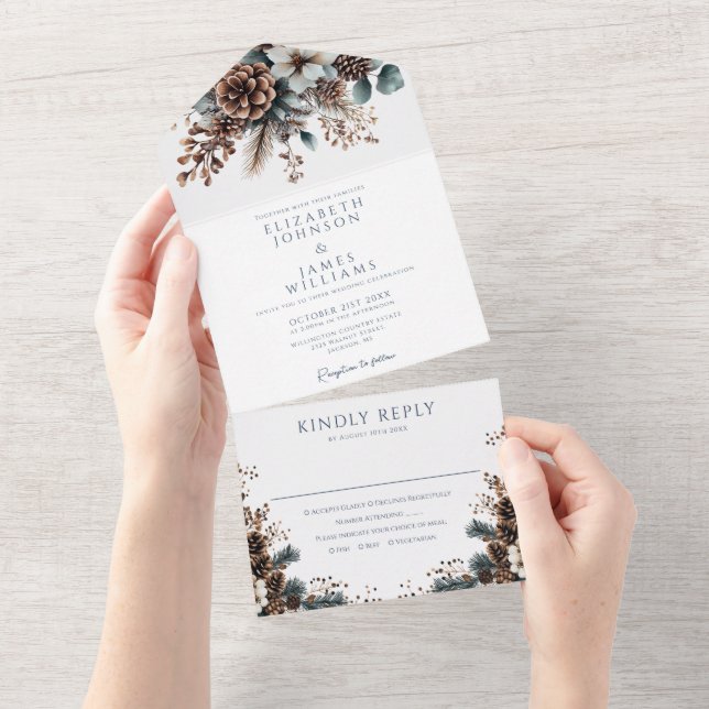 Modern Elegant Rustic Pinecone Floral Wedding All In One Invitation (Tearaway)