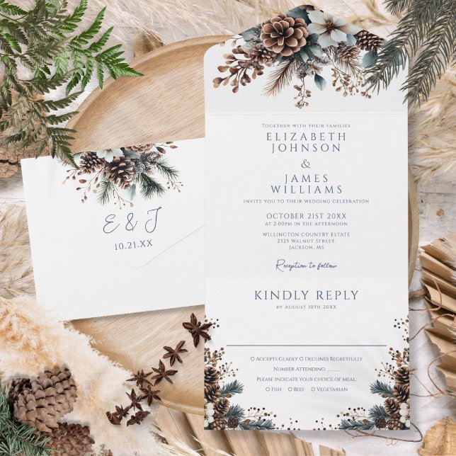 Modern Elegant Rustic Pinecone Floral Wedding All In One Invitation (Modern Elegant Rustic Pinecone Floral Wedding All In One Invitation)