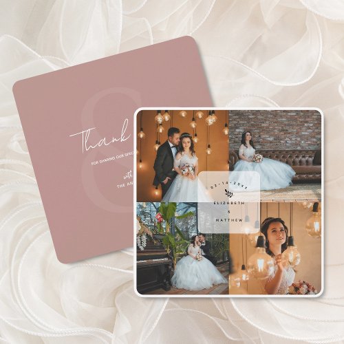 Modern Elegant Rustic Pink 4 Photo Collage Wedding Thank You Card