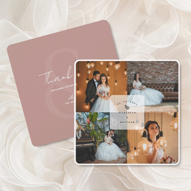 Modern Elegant Rustic Pink 4 Photo Collage Wedding Thank You Card (Creator Uploaded)
