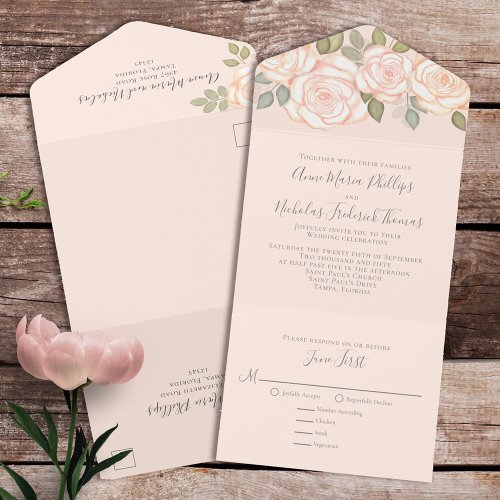 Modern Elegant Rustic Watercolor Floral Coral  All In One Invitation