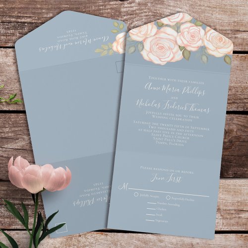 Modern Elegant Rustic Watercolor Floral Dusty Blue All In One Invitation