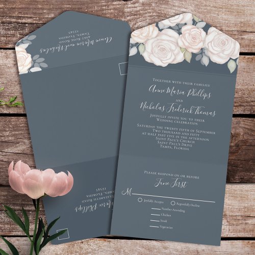 Modern Elegant Rustic Watercolor Floral Grey All In One Invitation