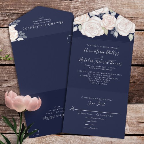 Modern Elegant Rustic Watercolor Floral Navy Blue All In One Invitation