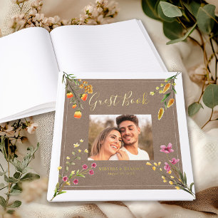 Modern Elegant Rustic Wildflowers Photo Wedding Foil Guest Book