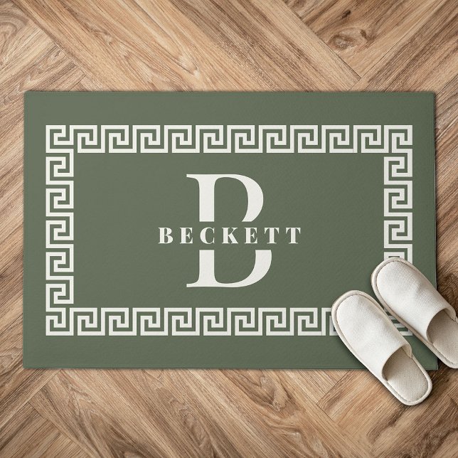 Modern Elegant Sage Greek Key Frame Monogram Doormat (Green doormat with Greek key border design, featuring a large letter "B" over the name "Beckett." )