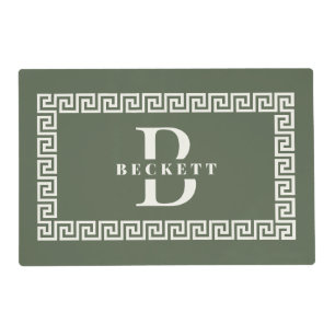 Modern Elegant Sage Greek Key Frame Monogram Placemat