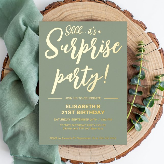 Modern Elegant Sage Green 21st Surprise Birthday  Foil Invitation (Creator Uploaded)