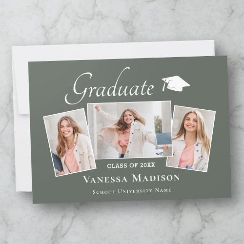 Modern  Elegant Sage Green 3 Photo Graduation Announcement