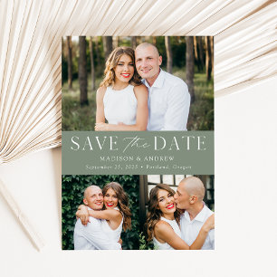 Modern Elegant Sage Green 3 Photo Save The Date