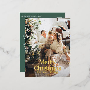 Modern elegant sage green botanical typography Foil Holiday Postcard