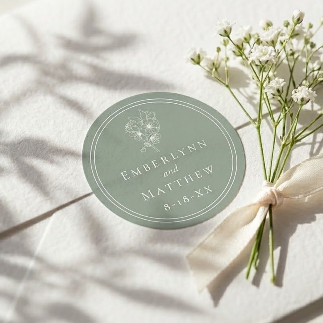 Modern Elegant Sage Green Botanical Wedding Classic Round Sticker (Modern Elegant Sage Green Botanical Wedding Classic Round Sticker)